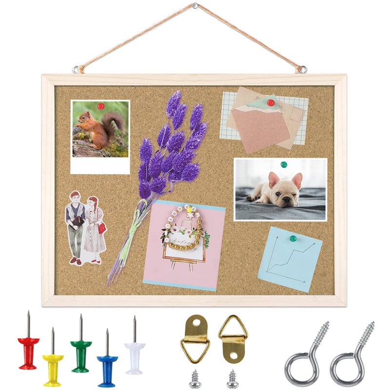 FEBSNOW Cork Board Bulletin Board - 15.7 X 12 Inches Vision Board Wood Frame Corkboard Message Board Wall Mounted Pin Board for School, Home & Office (with Pins, Eye Bolts, Gaskets, Screws) - Image 1